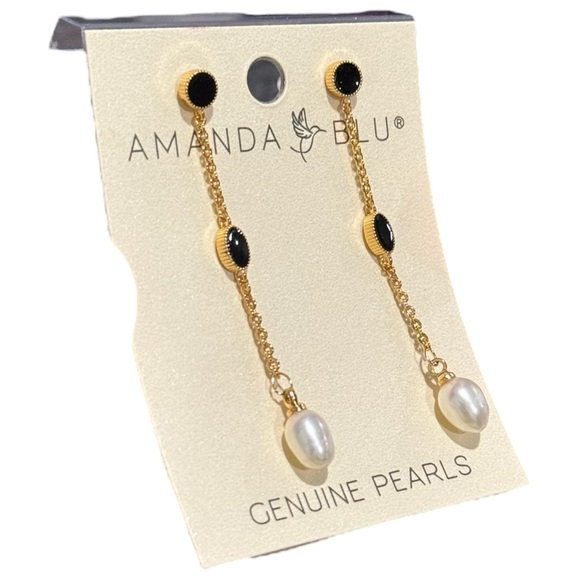 AMANDA BLU Genuine Pearl Black Enameled Gold Long Drop Down Stud Earrings NEW - Picture 2 of 3